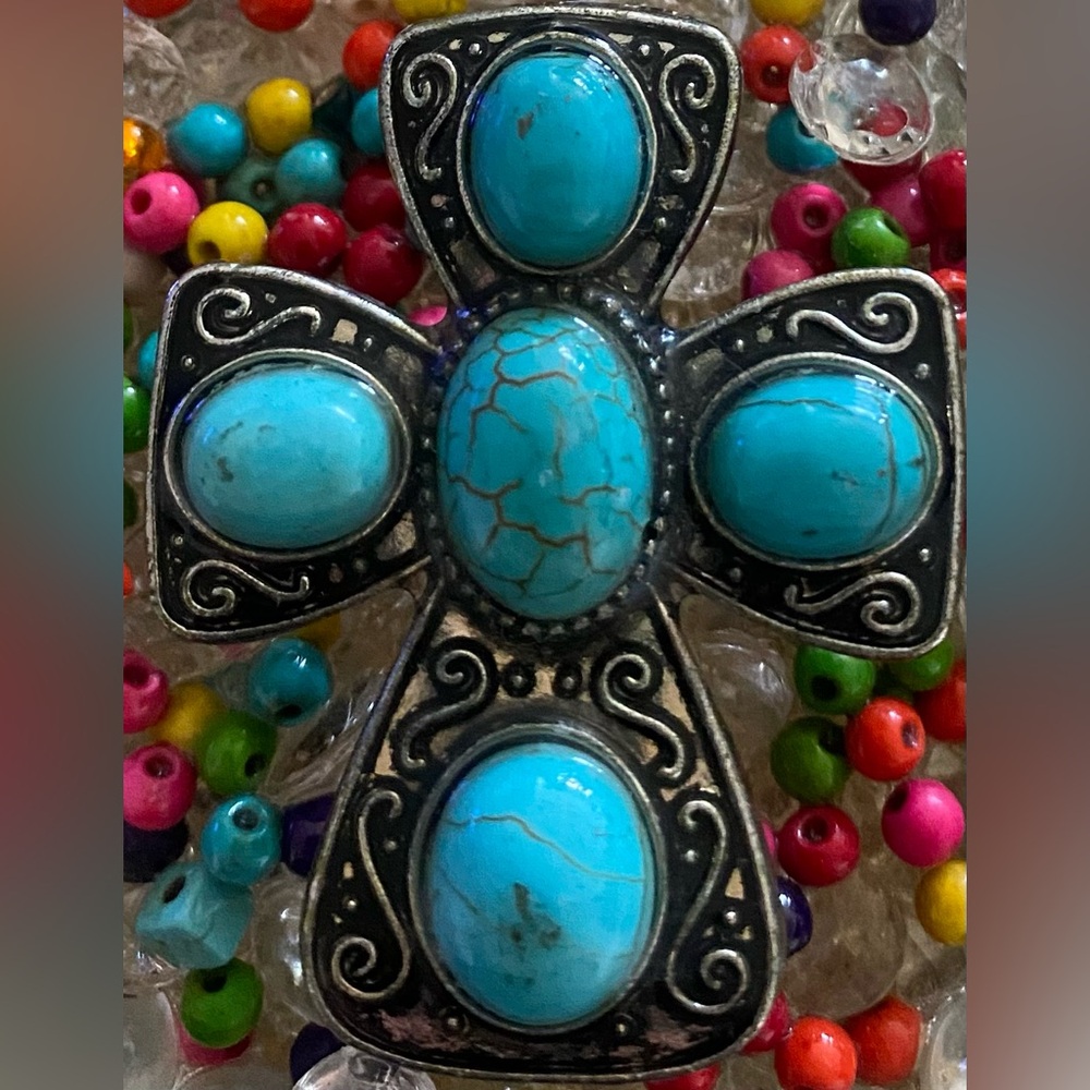 Blue Large Beaded Cross Adjustable Ring - image 1